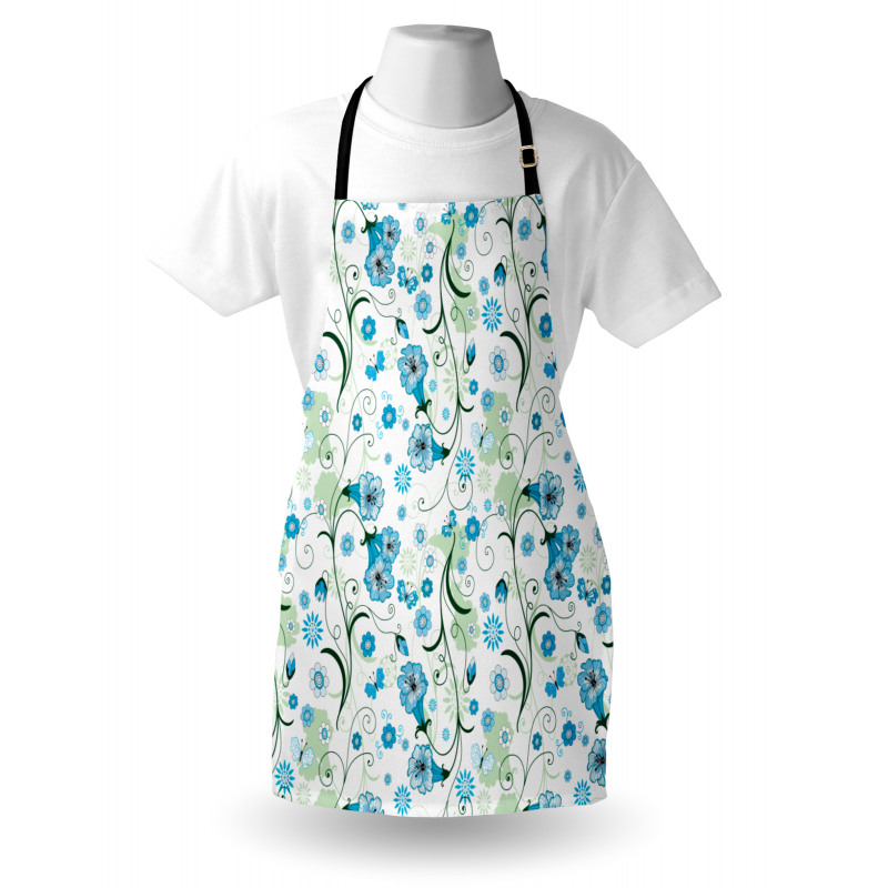Çiçekli Mutfak Önlüğü Mavi Sanatsal Çiçek Desenli