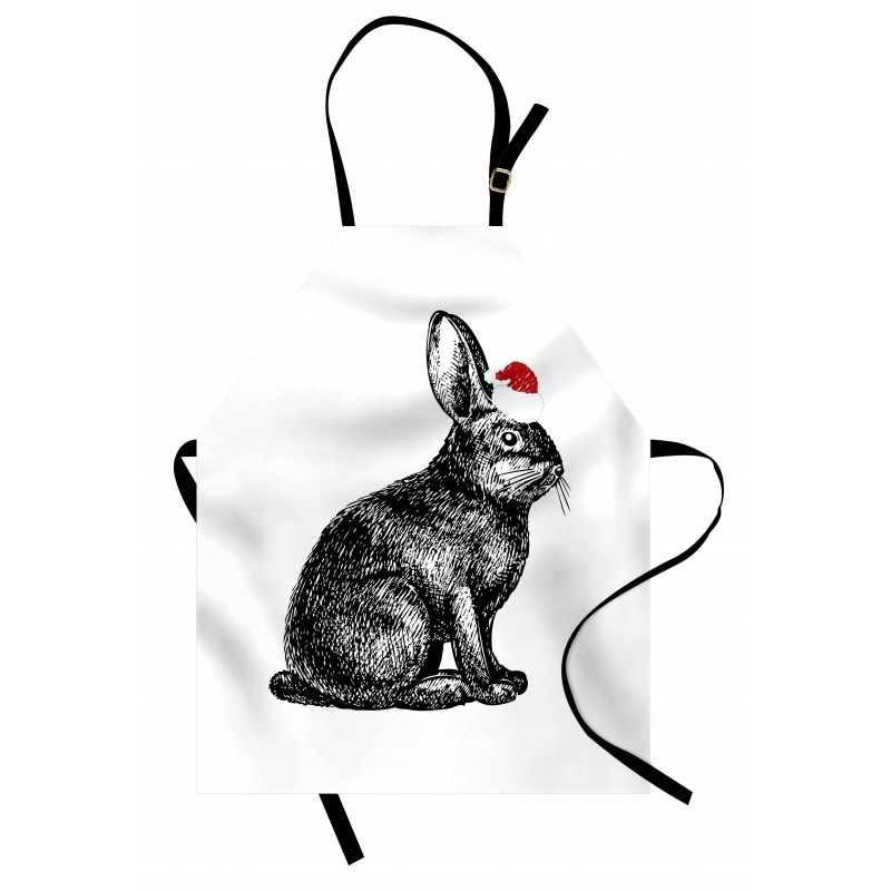 Yılbaşı Mutfak Önlüğü Noel Şapkalı Siyah Tavşanın Yandan Çizimi