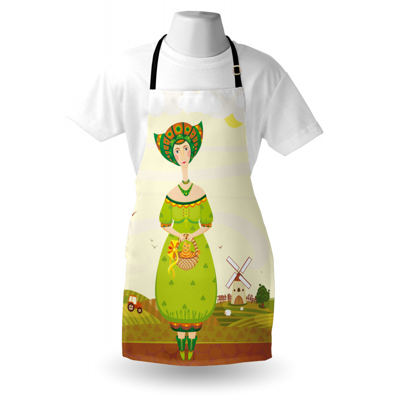 Girl and Kitten in Farm Apron