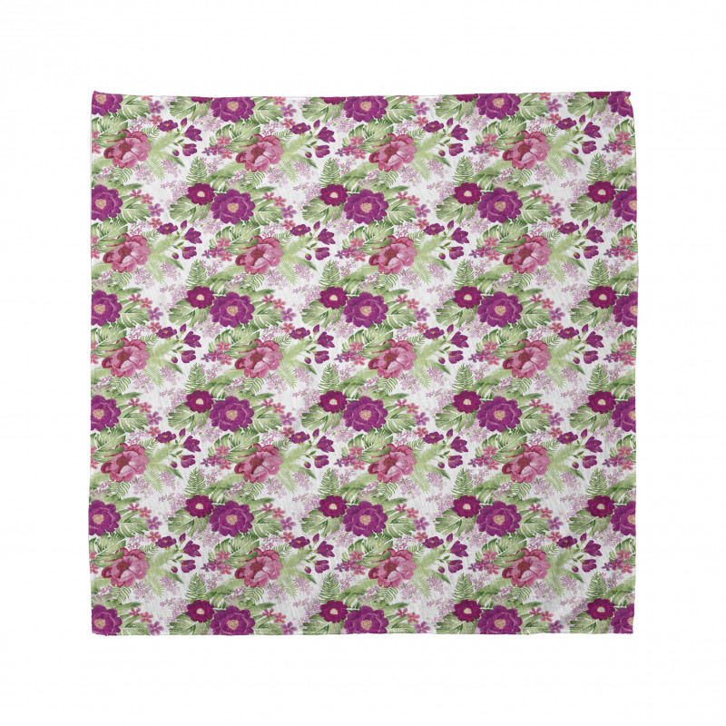 Floral Bandana Beyaz Fonlu Pembe ve Mor Çiçekler Desenli