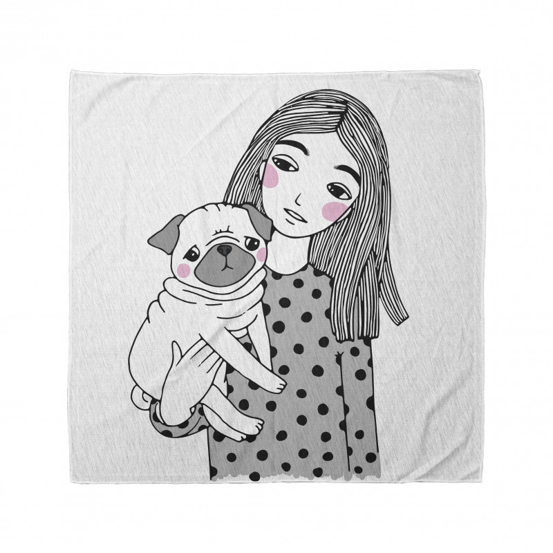 Köpek Bandana Beyaz Fonlu Genç Kız ve Sevimli Pug Hayvan