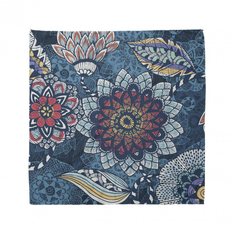 Floral Bandana Koyu Mavi Arka Plan Üzerine Büyük Çiçekler