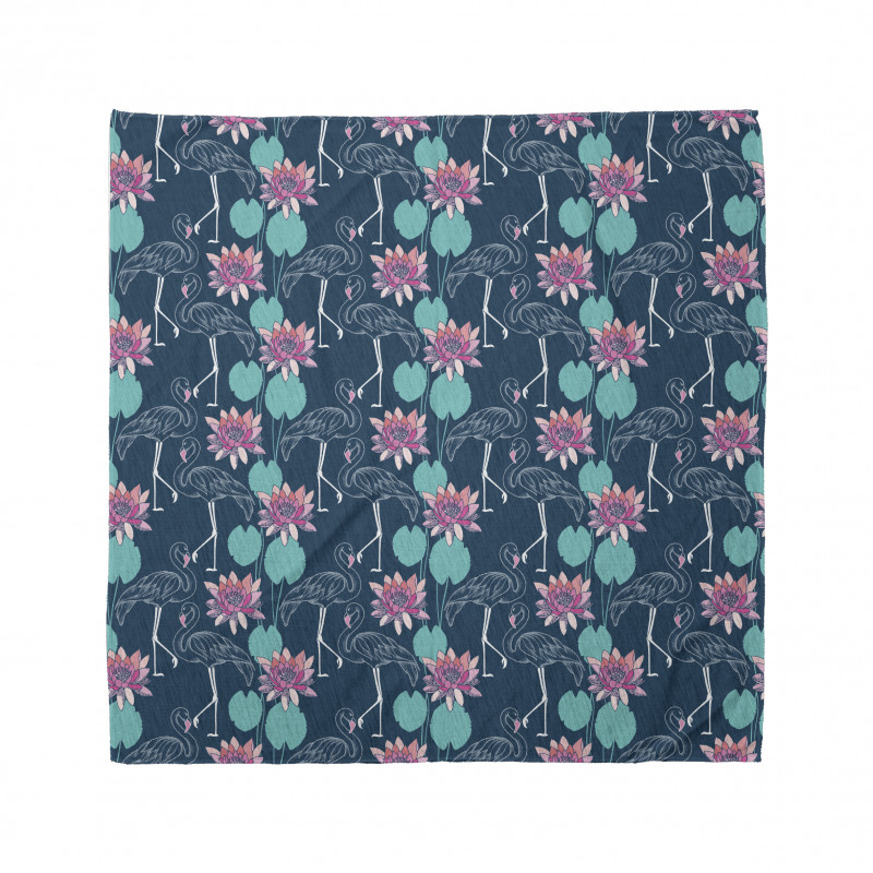 Floral Bandana Mavi Fon Üzerinde Flamingo ve Nilüferler