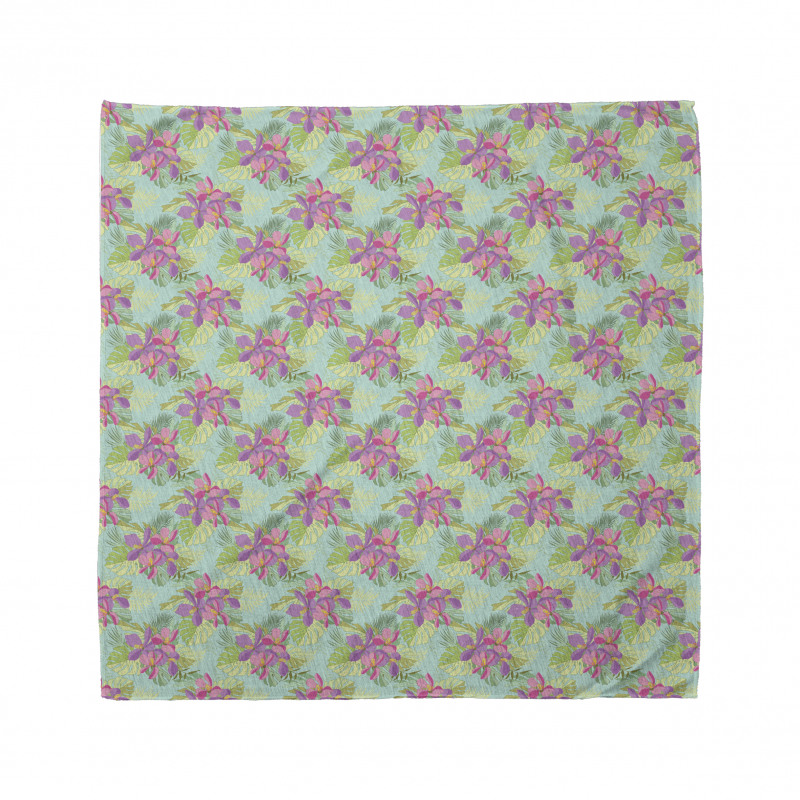 Floral Bandana Yeşil Fon Üzerine Yapraklı Pembe Mor Çiçek