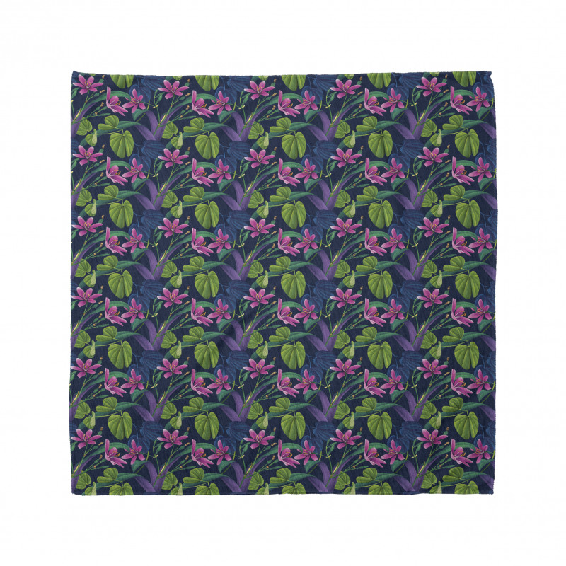 Floral Bandana Yeşil Mor Yapraklı Pembe Tropikal Çiçekler