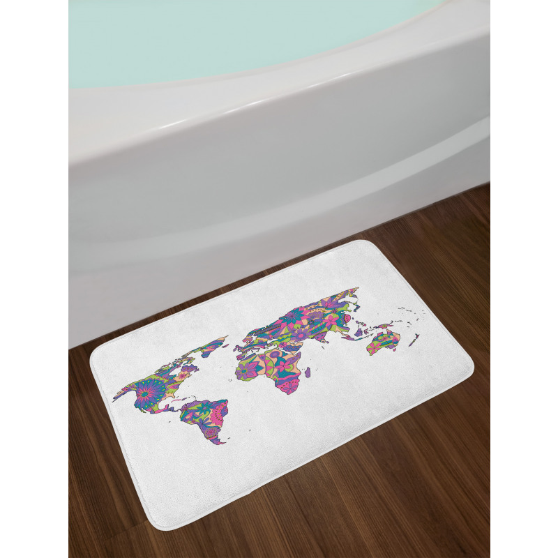 World Map with Flowers Bath Mat