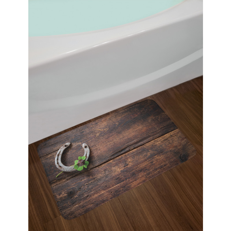 Rusty Horseshoe on Wooden Bath Mat