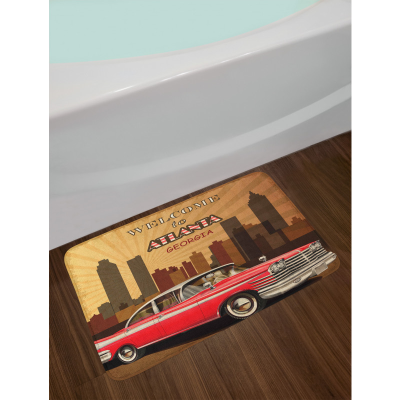 Retro Car and City Skyline Bath Mat