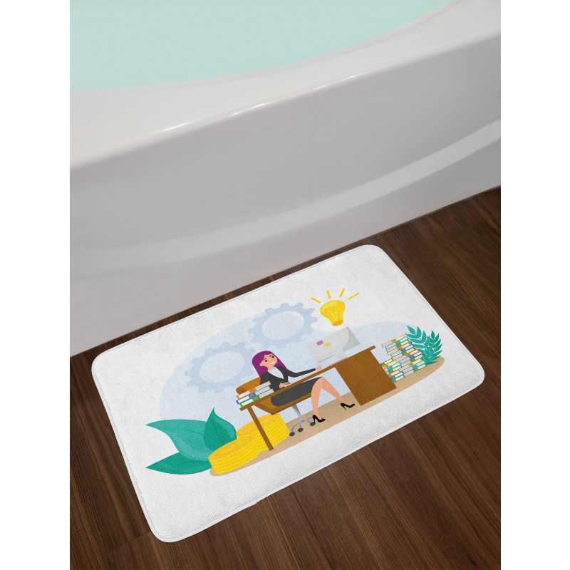 Woman Sitting at the Desk Bath Mat