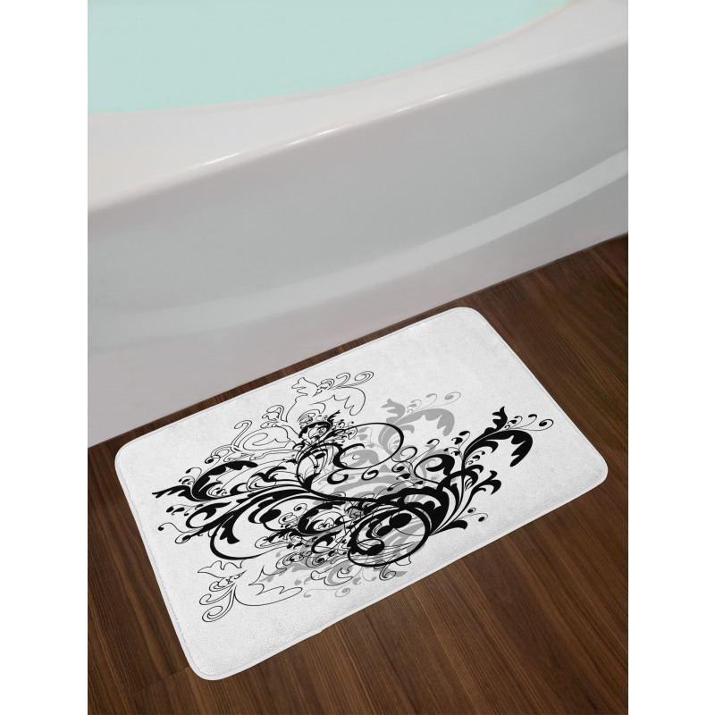 Monochrome Abstract Leaves Bath Mat