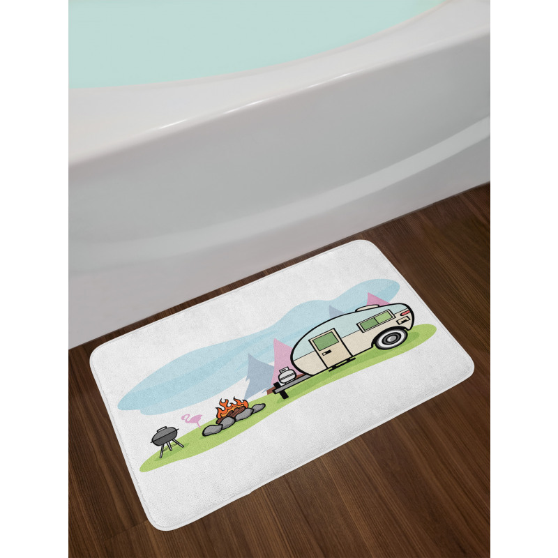 Cartoon Style Camping Scene Bath Mat