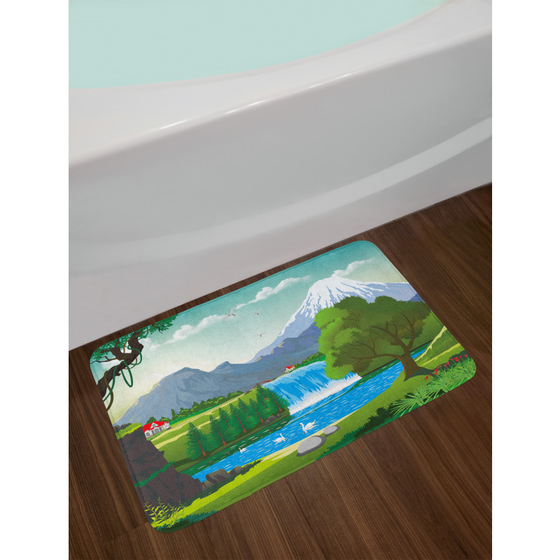 Cartoon Style Lake Waterfall Bath Mat