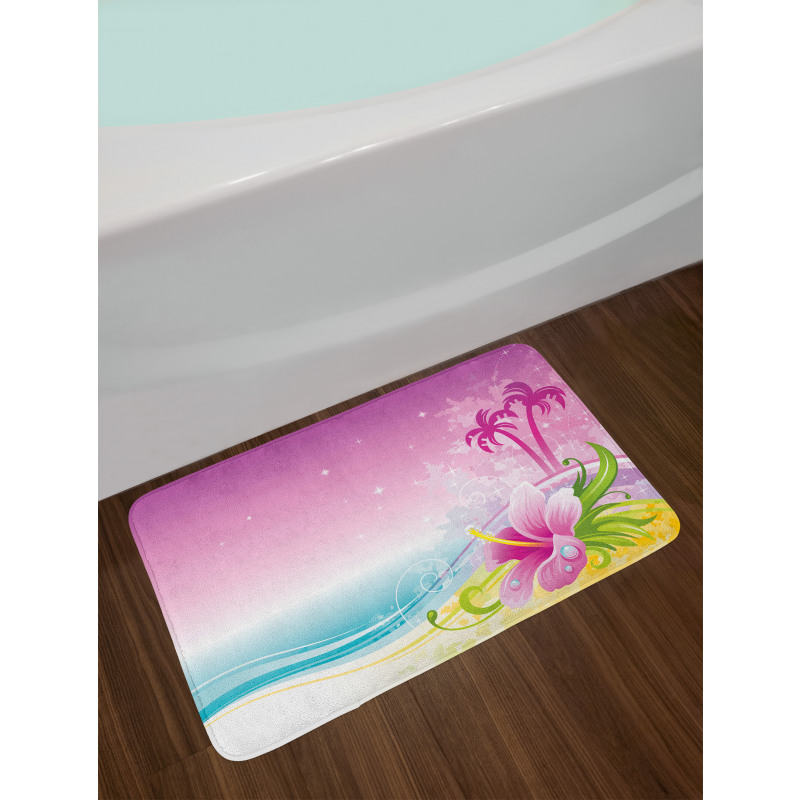 Abstract Waves Hibiscus Palms Bath Mat