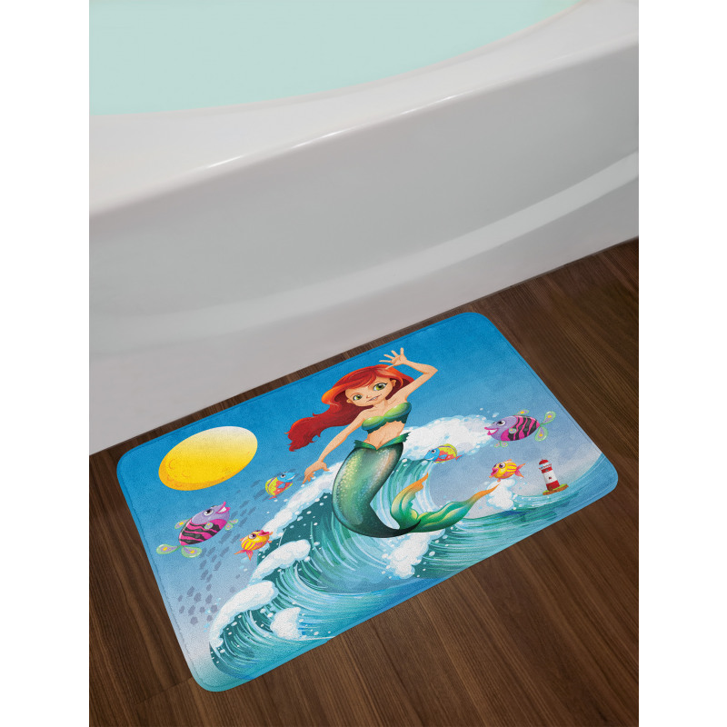 Wave with Cartoon Fish Bath Mat