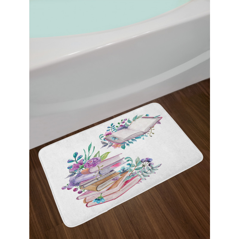 Watercolor Bookworm Floral Bath Mat