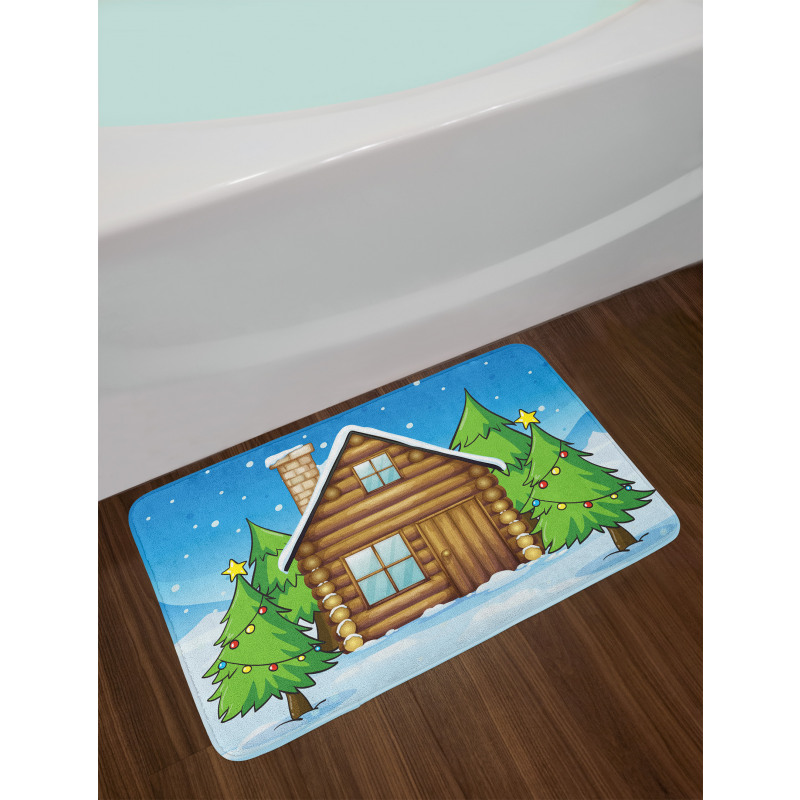 Cabin and Firs in Winter Bath Mat