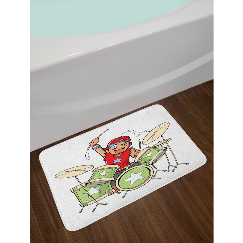 Cartoon Style Boy Drummer Bath Mat