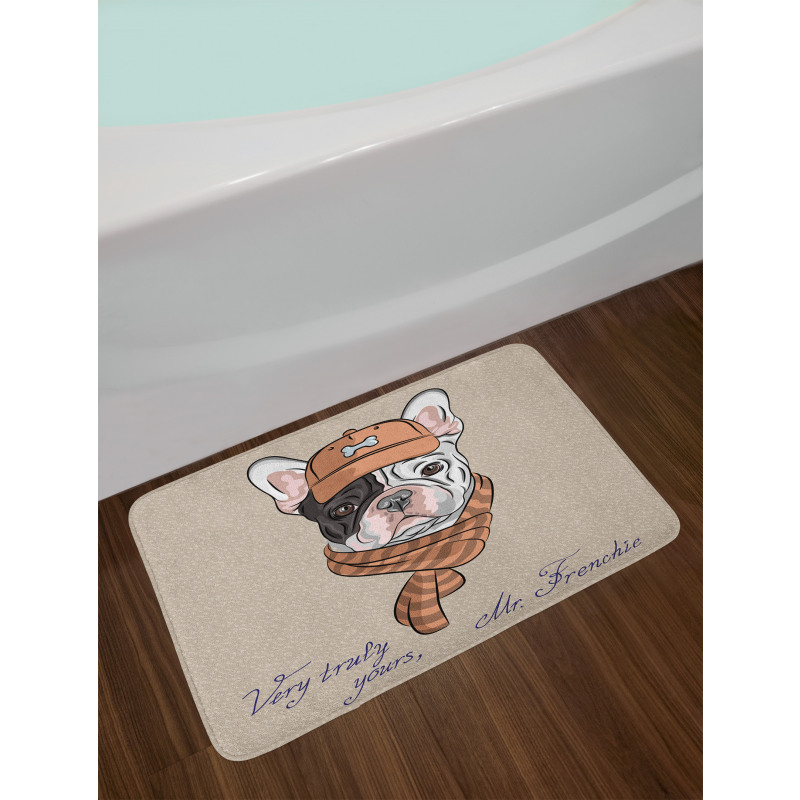 Hipster Bulldog with Cap Scarf Bath Mat