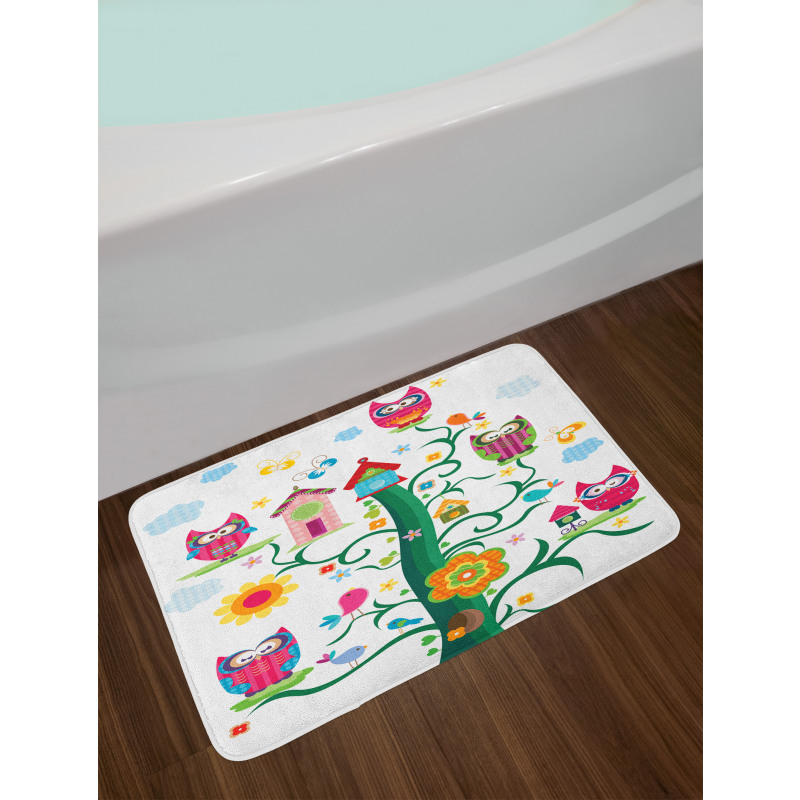 Owls on Tree with Dots Bath Mat