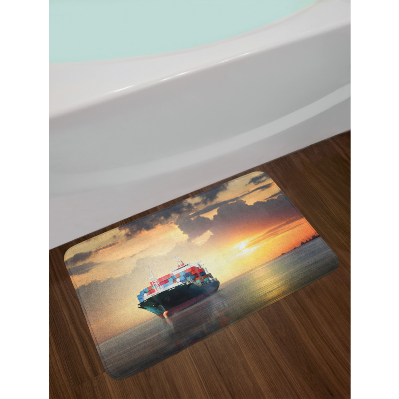 Cargo Ship at Sunset Photo Bath Mat