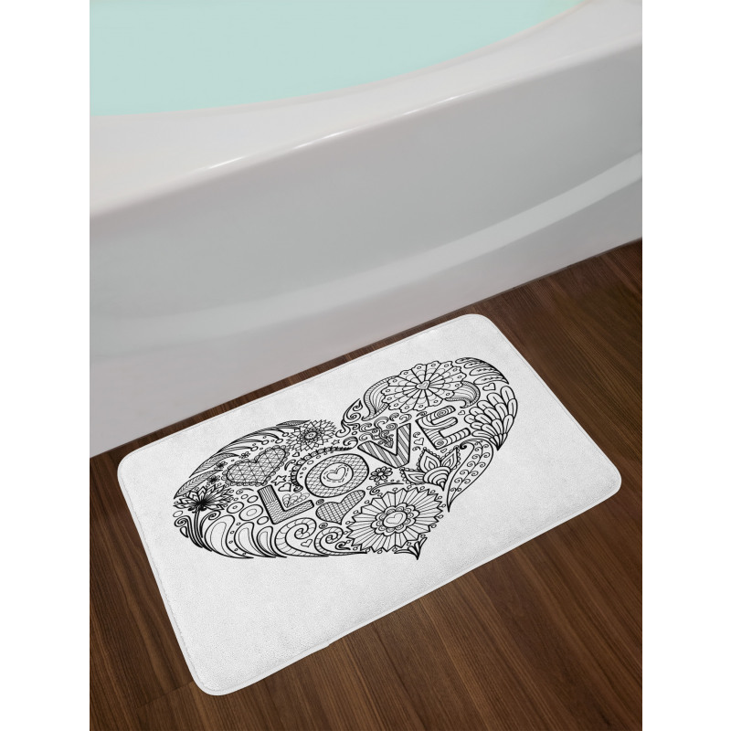 Love Uncolored Doodle Heart Bath Mat