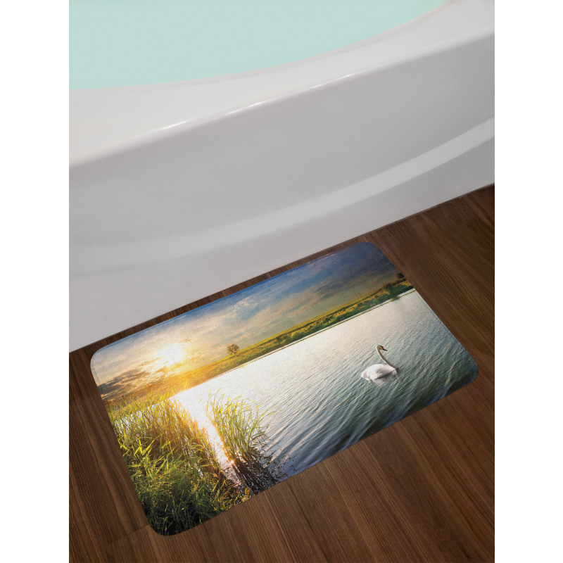 Swan in River at Dawn Photo Bath Mat