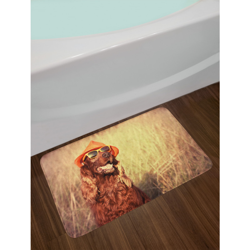 Dog Wearing Hat Glasses Bath Mat