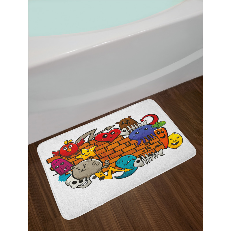 Cartoon Cat Bird Skull Bath Mat