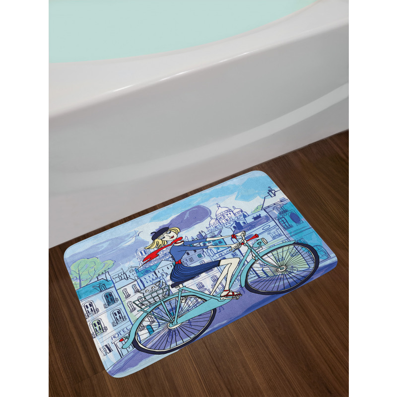Woman on Bicycle with Cat Bath Mat
