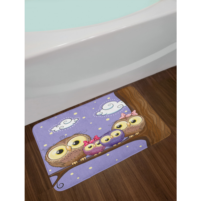 Cartoon Style Owl Family Bath Mat