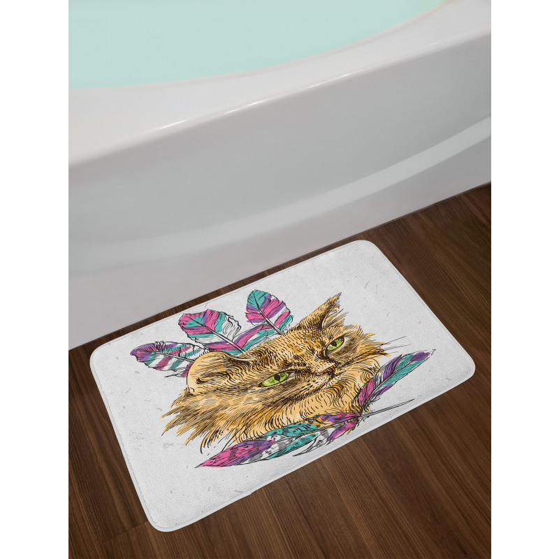 Cat with Colorful Feathers Bath Mat