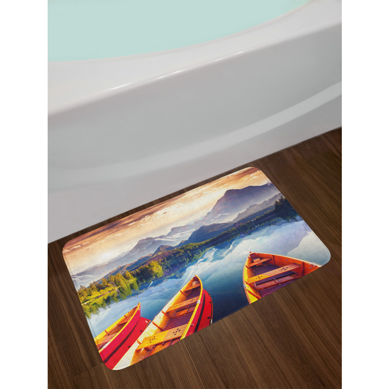 Mountains Shore Boats Bath Mat