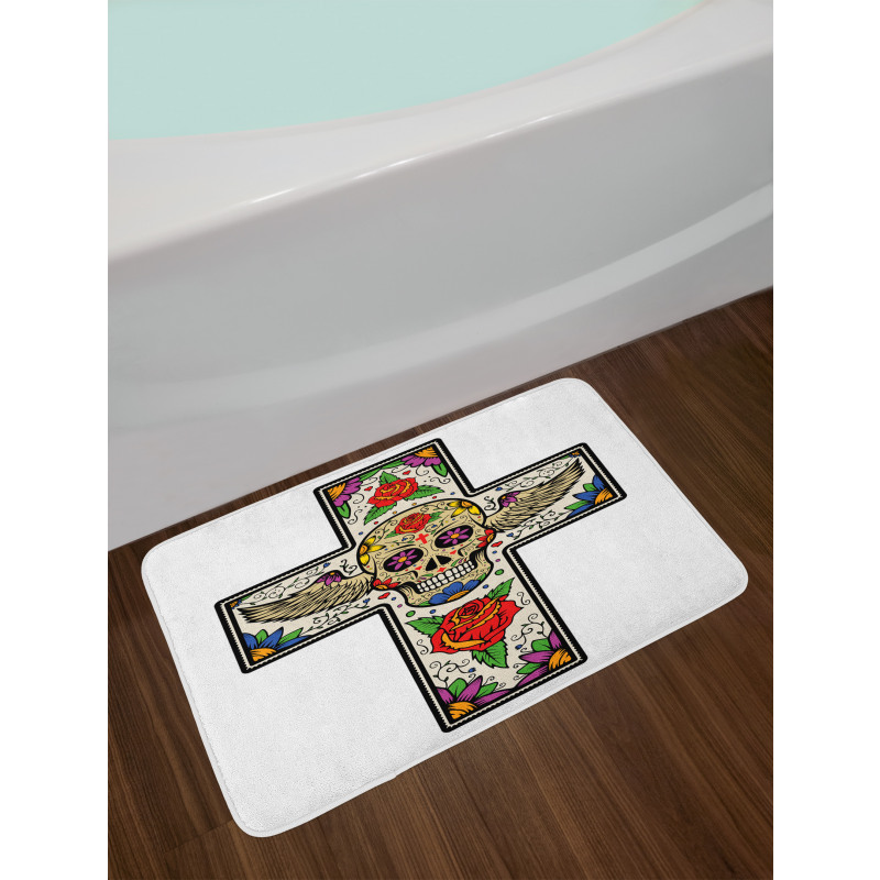 Wing Sugar Skull Roses Bath Mat