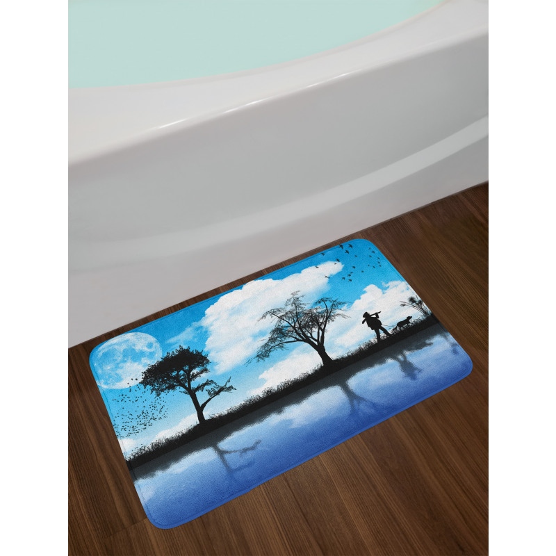 Man Dog Lake Tree Moon Bath Mat