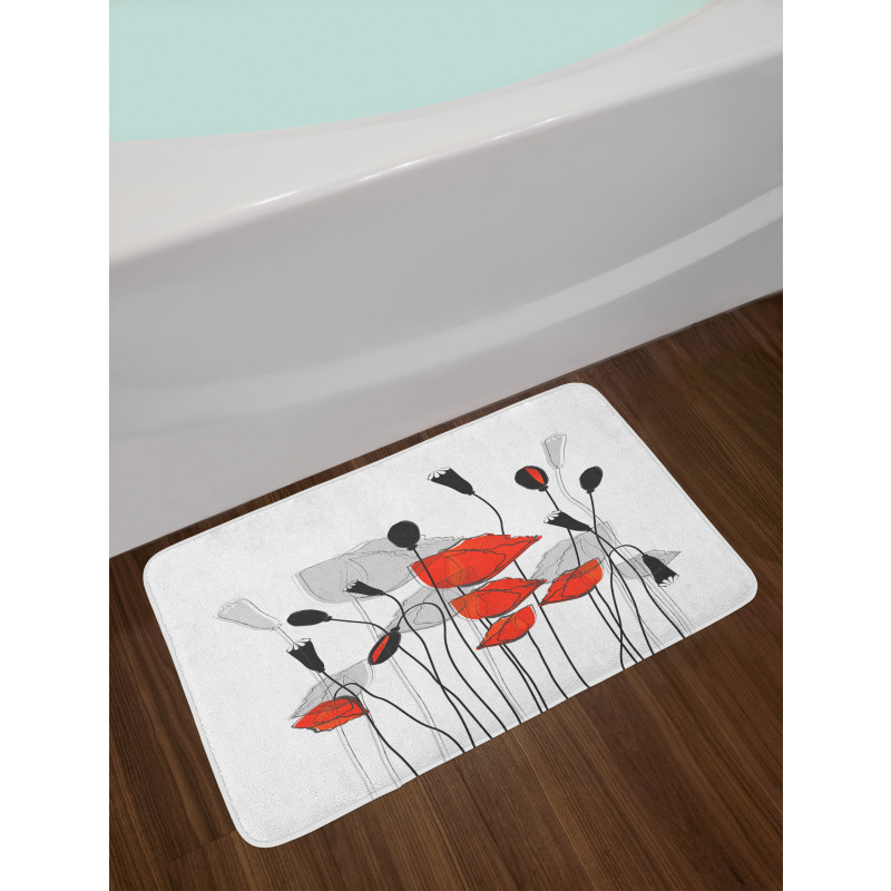 Hand Drawn Poppy Flowers Bath Mat