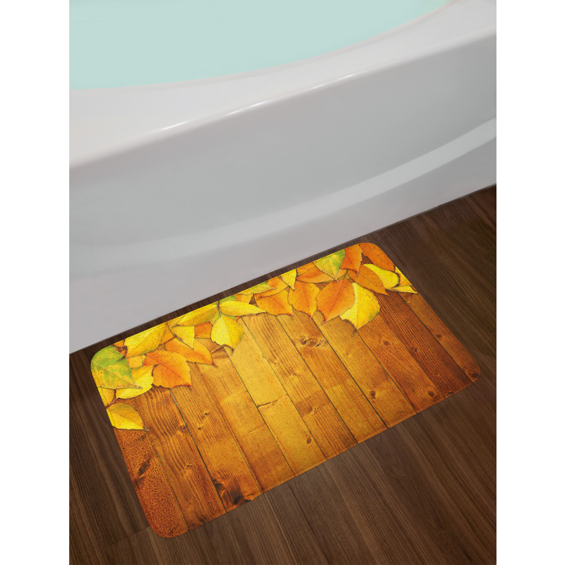 Leaves on Wooden Planks Bath Mat