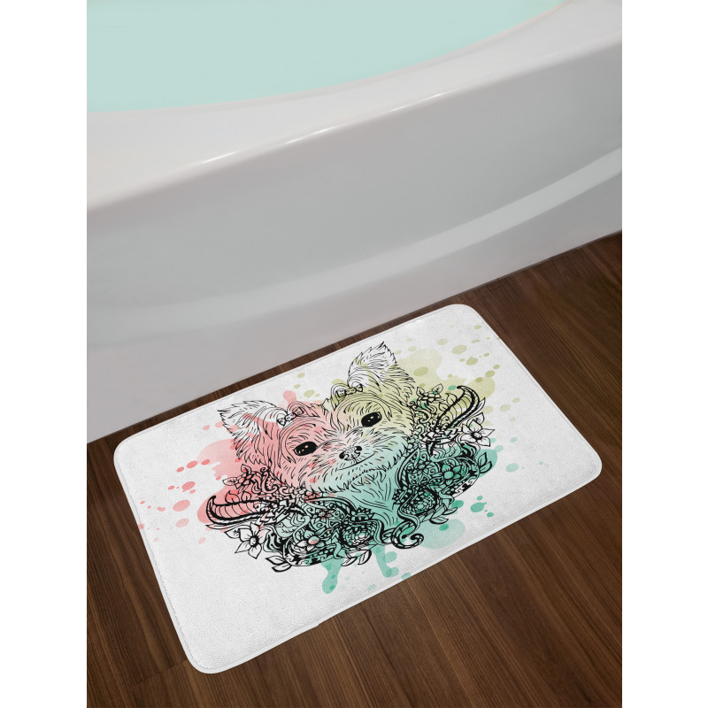 Dog Sketch Flowers Bath Mat