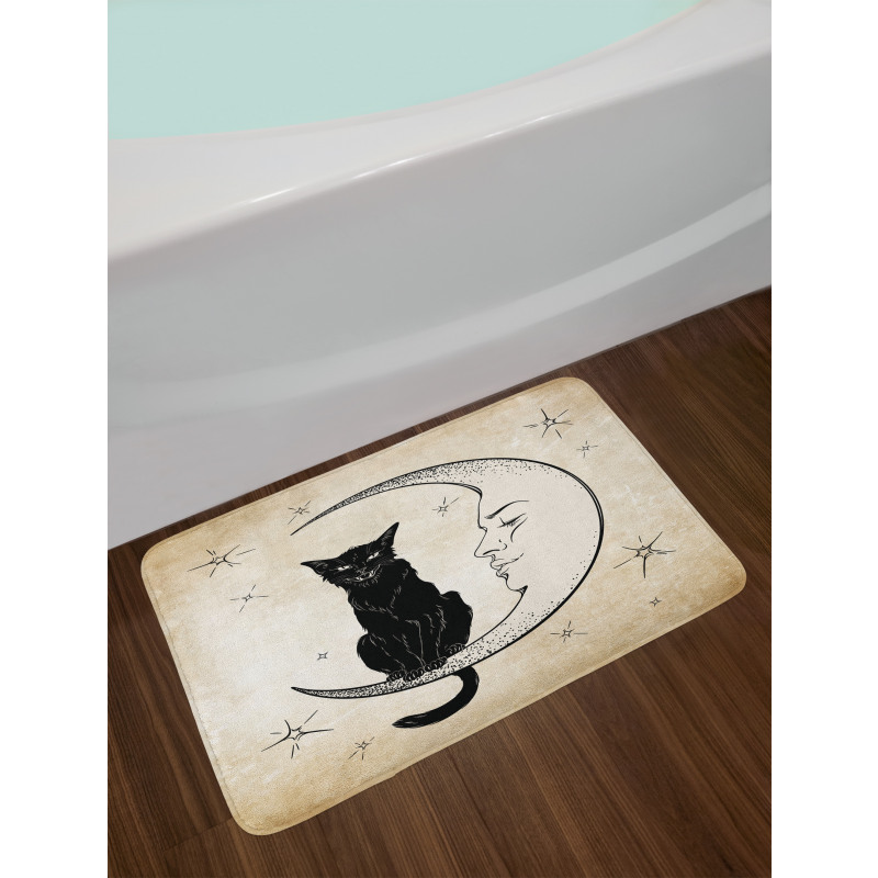 Black Cat Siting on Moon Bath Mat