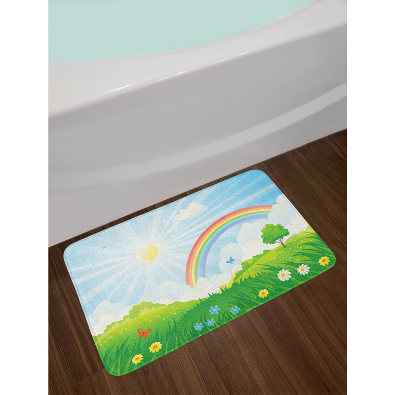 Sun and Rainbow Flowers Bath Mat