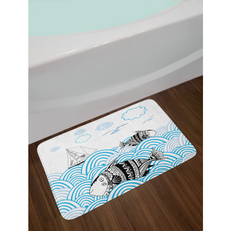 Sketch Boat and Animals Bath Mat