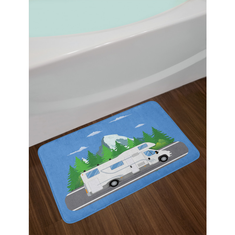 Retro Trailer on Road Forest Bath Mat