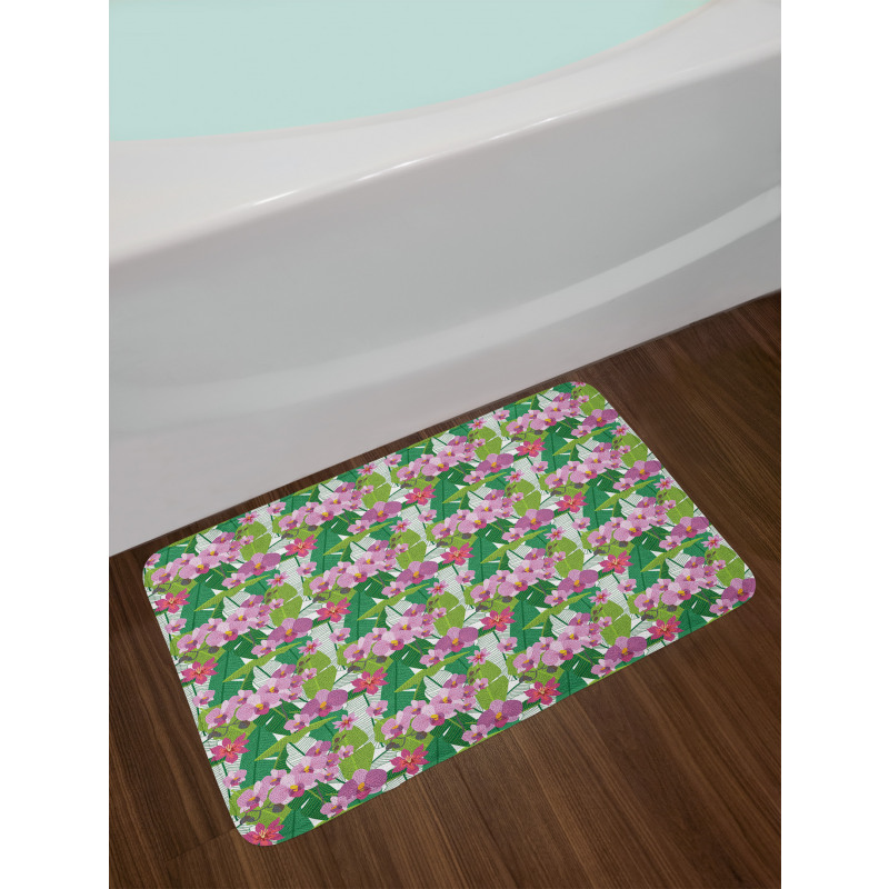 Pink Blossoms and Leaves Bath Mat