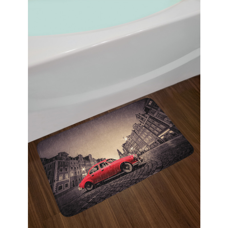 Retro Car on Cobblestone Road Bath Mat