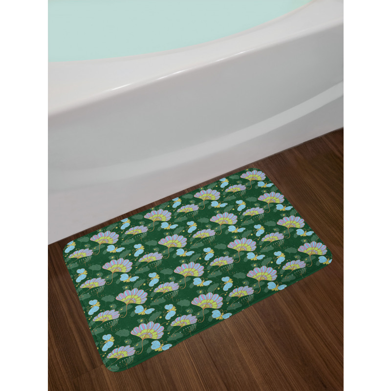 Cartoonish Flowers Butterfly Bath Mat