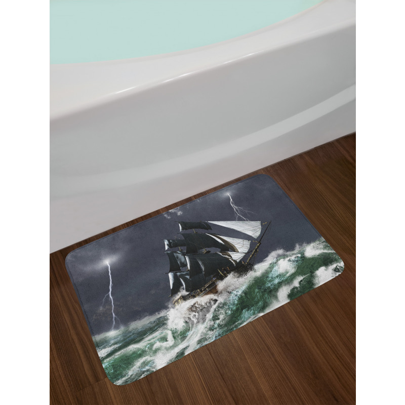 Storm Ship on Wavy Ocean Bath Mat