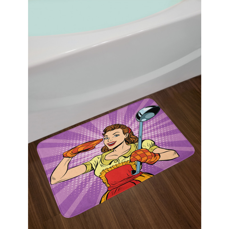 Retro Housewife Cooking Dinner Bath Mat