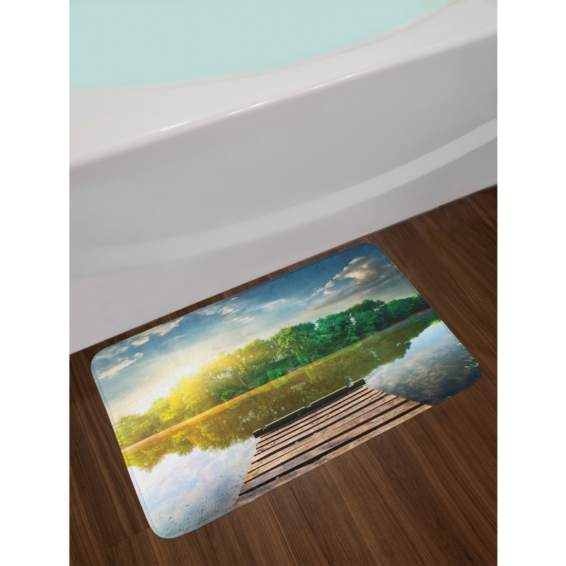 Old Pier Tranquil Sunrise Lake Bath Mat