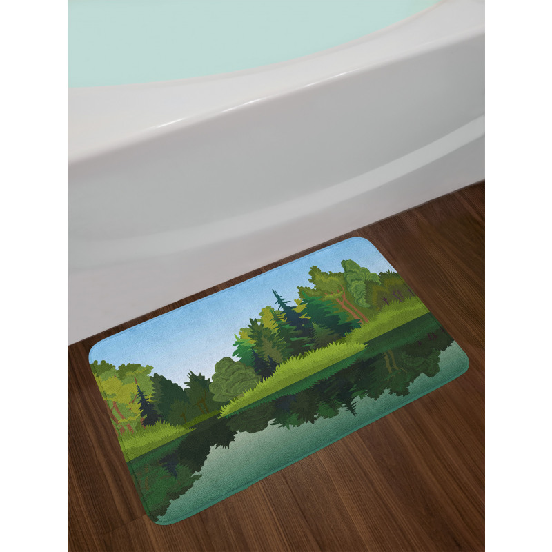 Calm Trees on Pure Lake Bath Mat