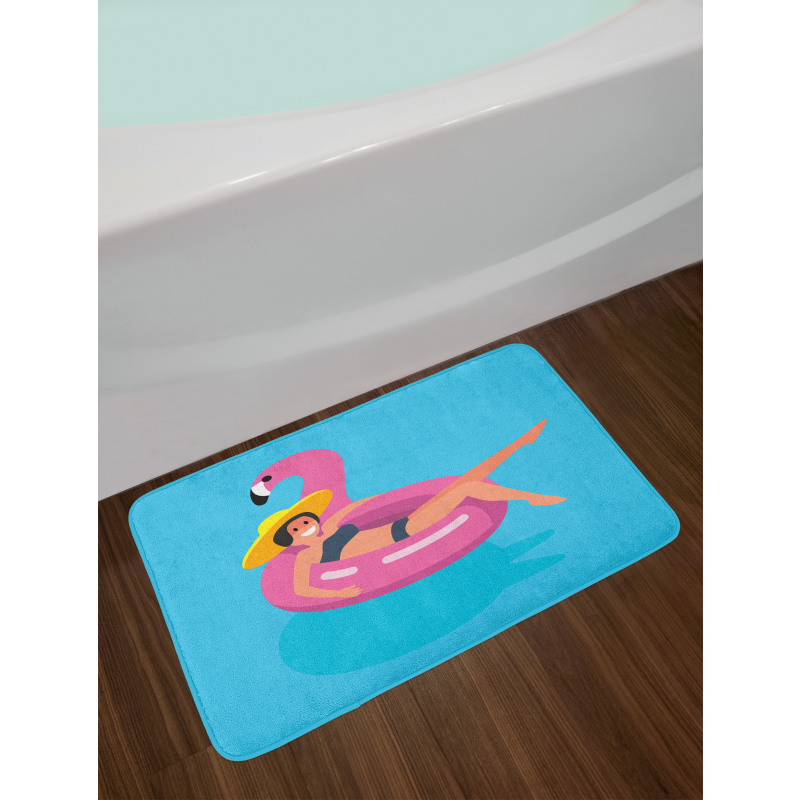 Woman on Rubber Flamingo Bath Mat