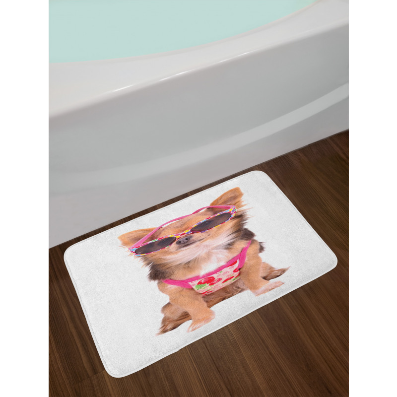 Puppy with Summer Clothes Bath Mat